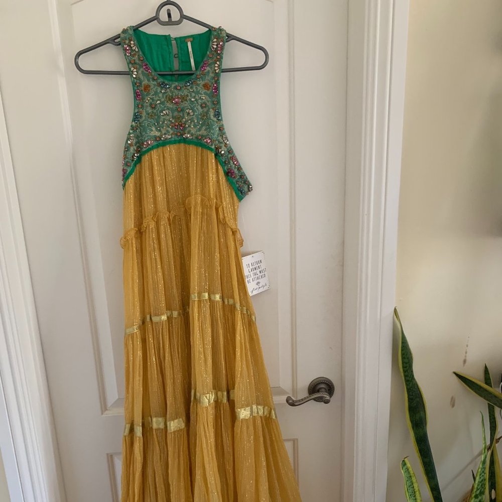 brand new yellow and green beaded free people dress